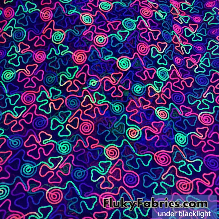 Colorful Neon 3D Clover Doodles on Mesh Poly Spandex Fabric