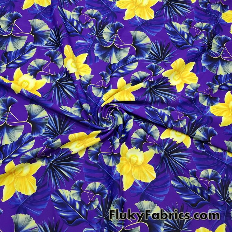 Yellow Orchids and Foliage Print on Purple UV/Blacklight Reactive Swimsuit Nylon Spandex Fabric