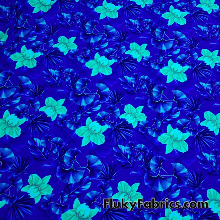 Yellow Orchids and Foliage Print on Purple UV/Blacklight Reactive Swimsuit Nylon Spandex Fabric
