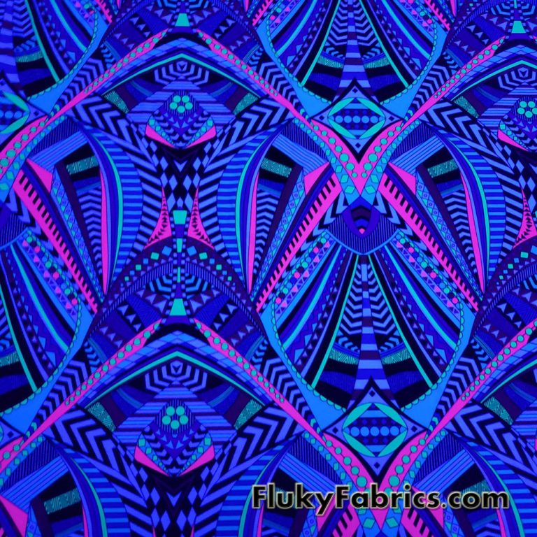 Bright Colors Tribal Abstract Print on White UV/Blacklight Reactive Swimsuit Nylon Spandex Fabric