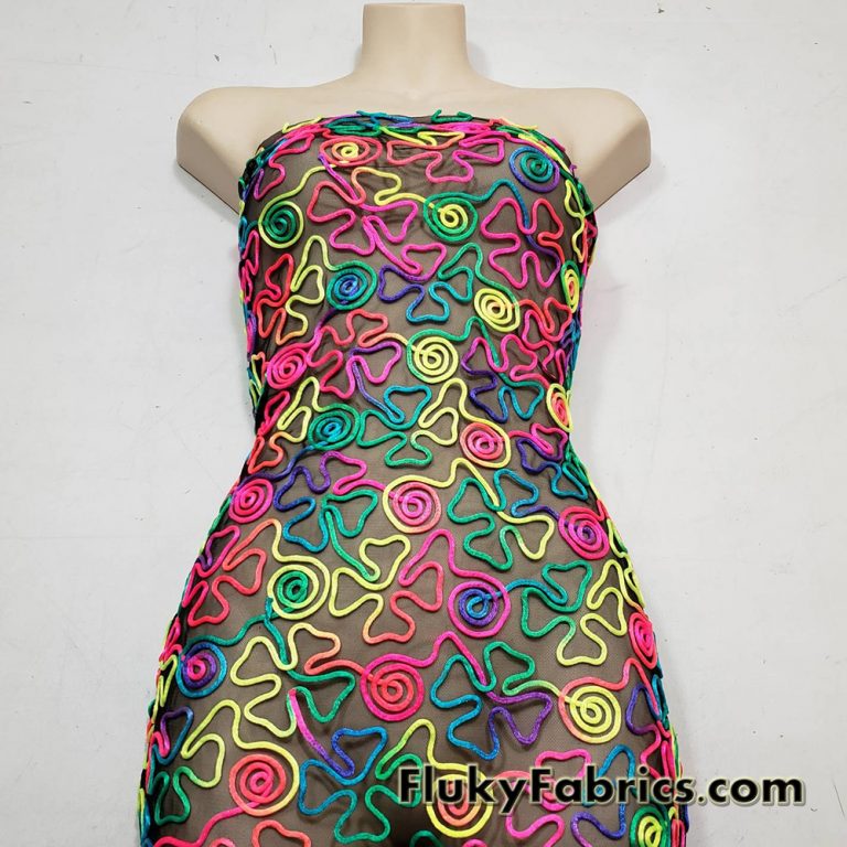 Colorful Neon 3D Clover Doodles on Mesh Poly Spandex Fabric