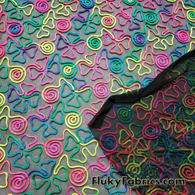 Colorful Neon 3D Clover Doodles on Mesh Poly Spandex Fabric