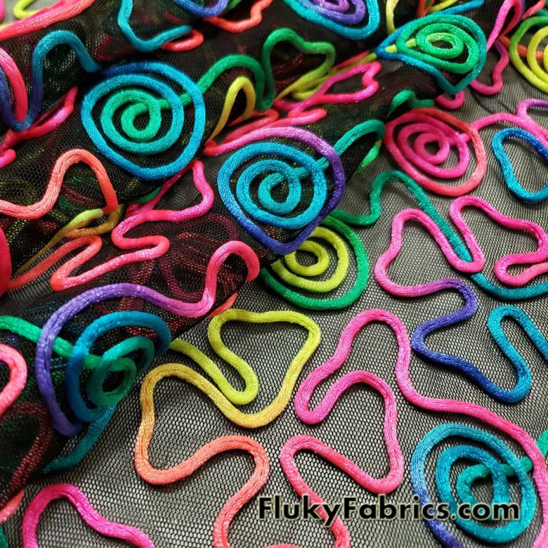 Colorful Neon 3D Clover Doodles on Mesh Poly Spandex Fabric