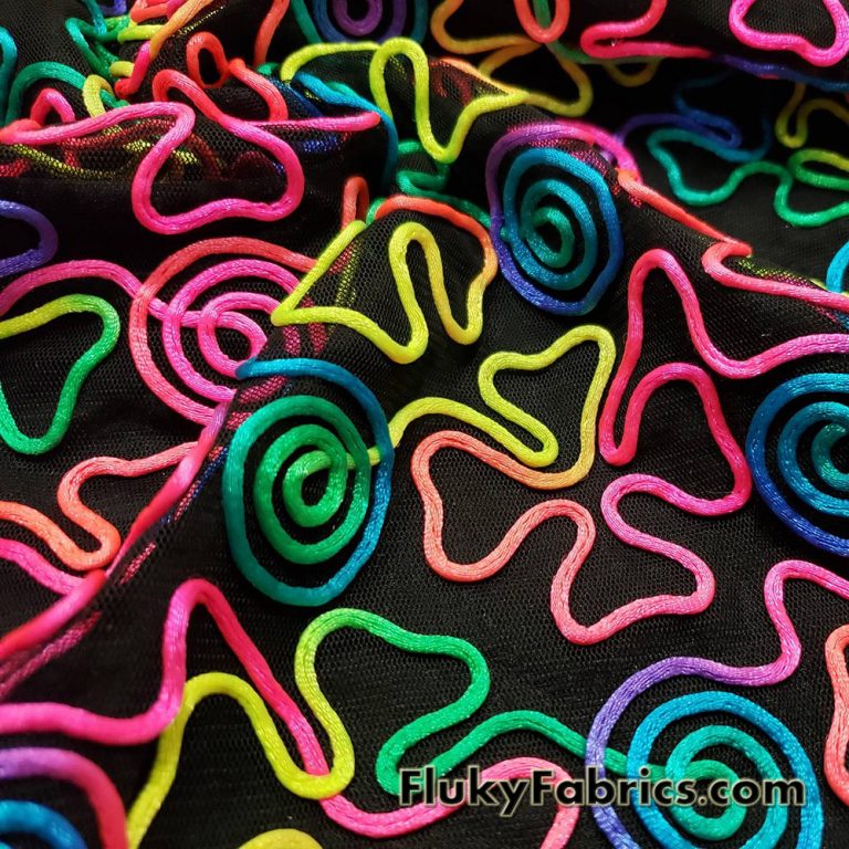 Colorful Neon 3D Clover Doodles on Mesh Poly Spandex Fabric