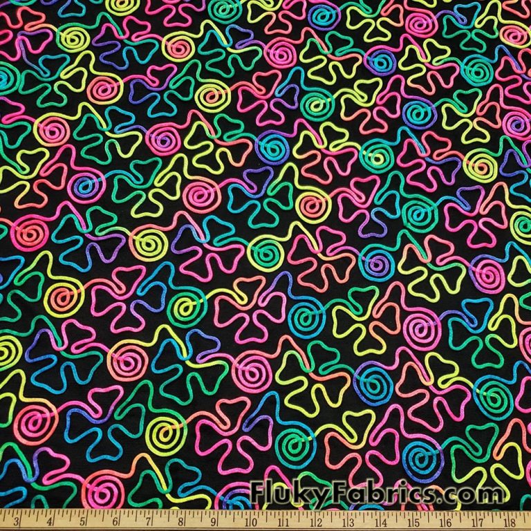 Colorful Neon 3D Clover Doodles on Mesh Poly Spandex Fabric