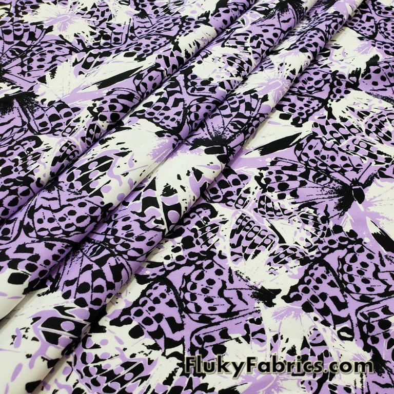 Abstract Med Purple, White, Black Butterflies Swimsuit Nylon Spandex Fabric