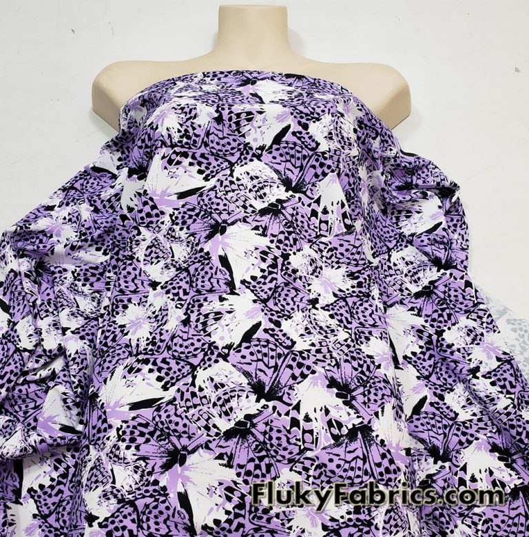Abstract Med Purple, White, Black Butterflies Swimsuit Nylon Spandex Fabric