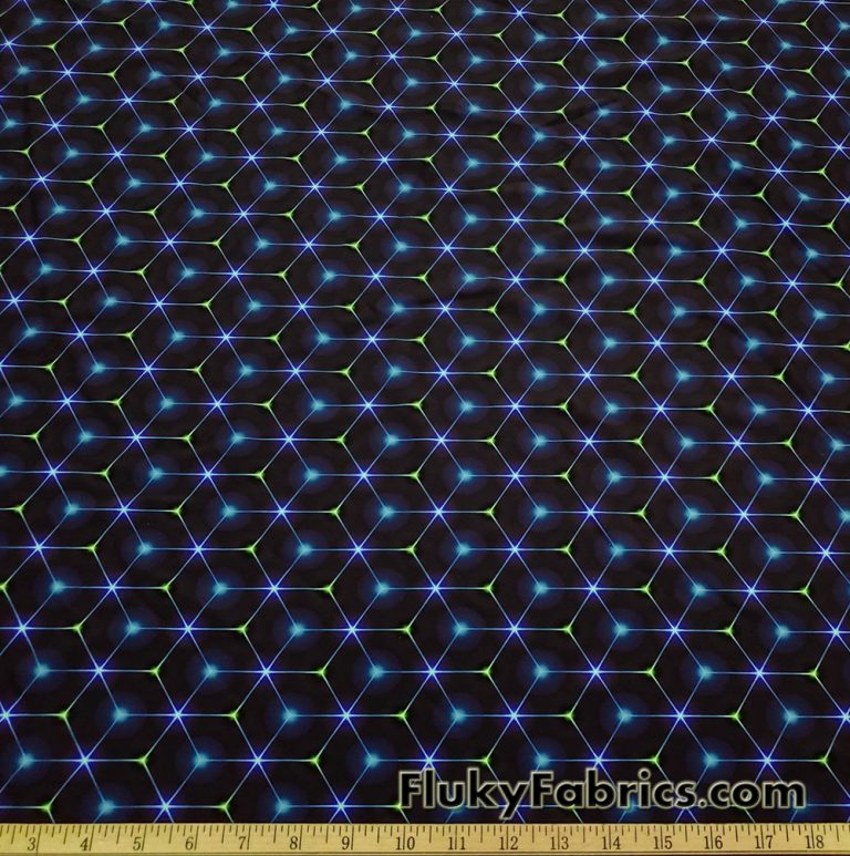 Hexagon Laser Lines on Dark Navy and Black UV/Blacklight Reactive Swimsuit Nylon Spandex Fabric