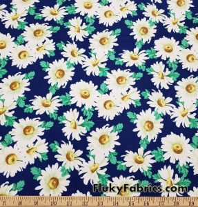 White Daisies on Navy Apparel, Bikinis, Swimwear Nylon Spandex Fabric at FlukyFabrics.com