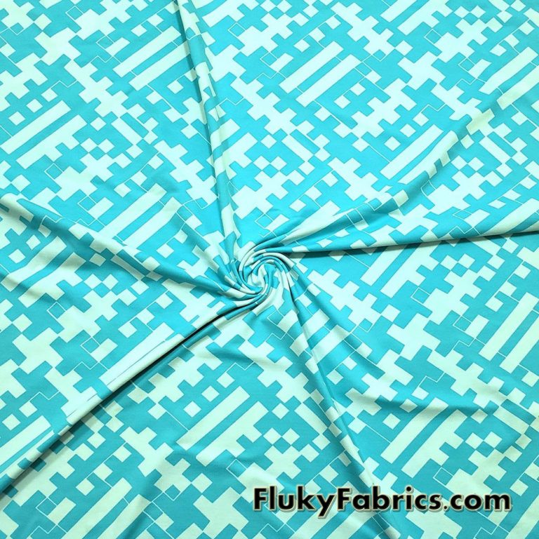 Geometric Aqua Print on White Poly Spandex Swimwear Fabric