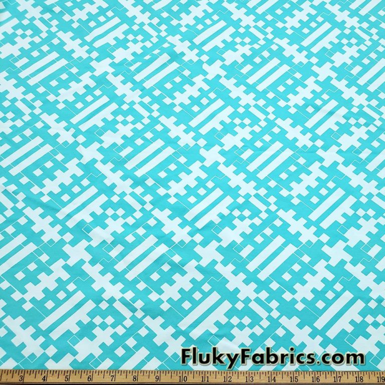 Geometric Aqua Print on White Poly Spandex Swimwear Fabric