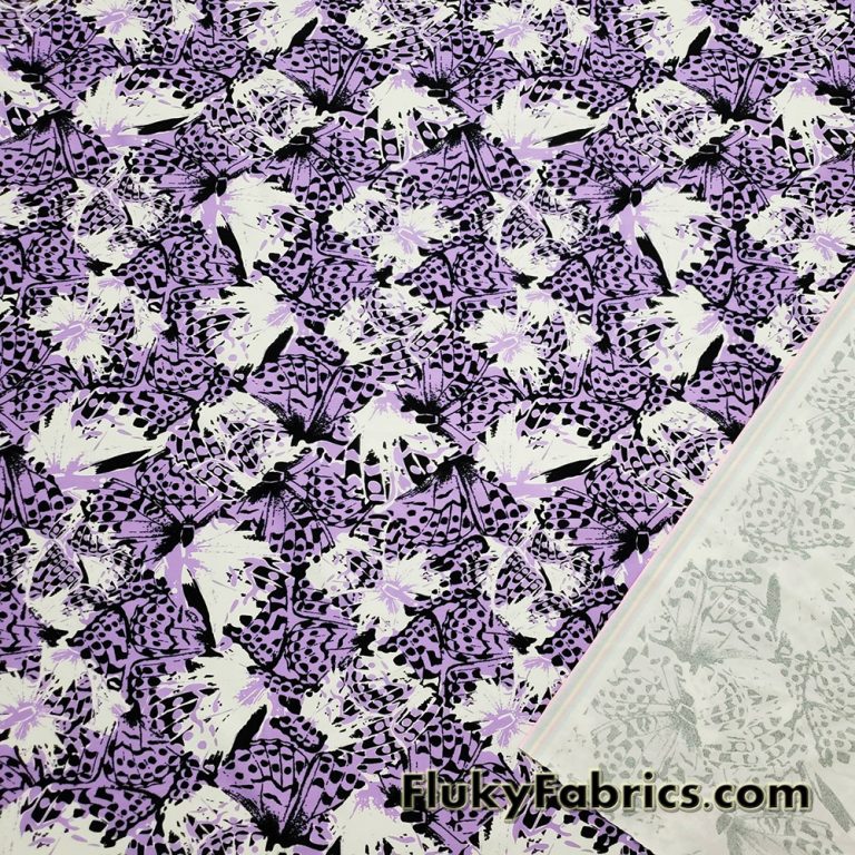 Abstract Med Purple, White, Black Butterflies Swimsuit Nylon Spandex Fabric