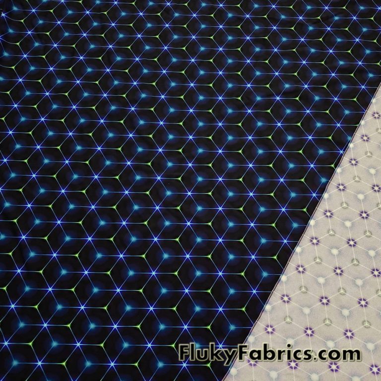 Hexagon Laser Lines on Dark Navy and Black UV/Blacklight Reactive Swimsuit Nylon Spandex Fabric