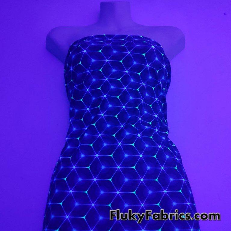Hexagon Laser Lines on Dark Navy and Black UV/Blacklight Reactive Swimsuit Nylon Spandex Fabric