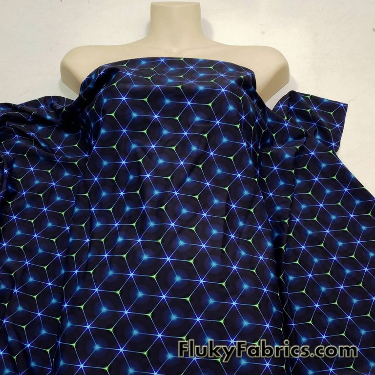 Hexagon Laser Lines on Dark Navy and Black UV/Blacklight Reactive Swimsuit Nylon Spandex Fabric