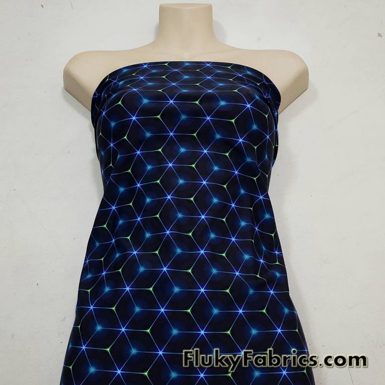 Hexagon Laser Lines on Dark Navy and Black UV/Blacklight Reactive Swimsuit Nylon Spandex Fabric