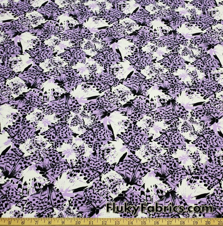 Abstract Med Purple, White, Black Butterflies Swimsuit Nylon Spandex Fabric