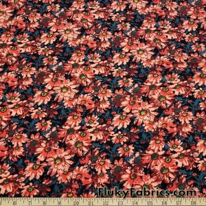 Orange Red and Salmon Daisies Lightweight Cotton Jersey Spandex Fabric at FlukyFabrics.com