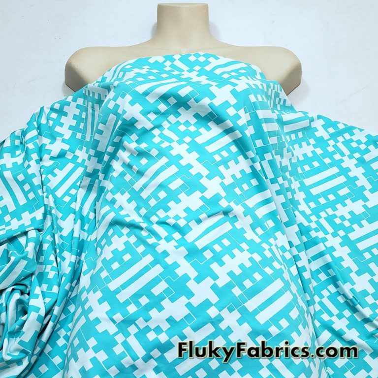 Geometric Aqua Print on White Poly Spandex Swimwear Fabric