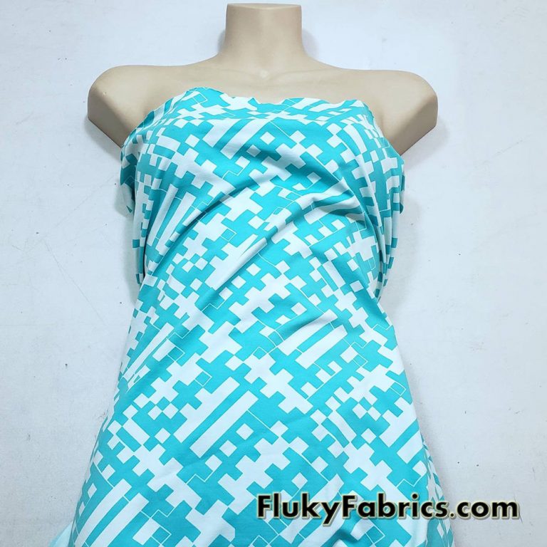 Geometric Aqua Print on White Poly Spandex Swimwear Fabric
