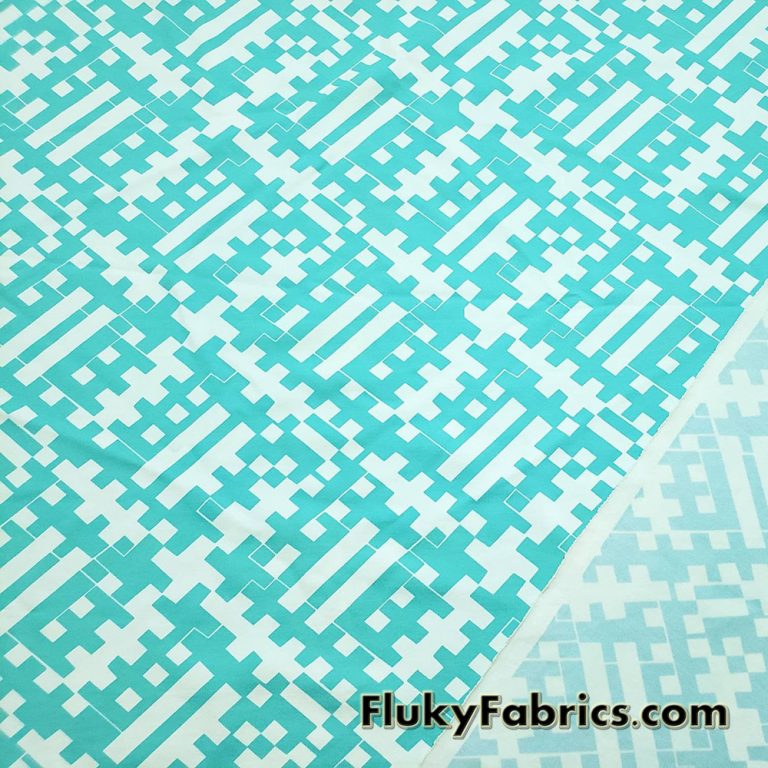 Geometric Aqua Print on White Poly Spandex Swimwear Fabric