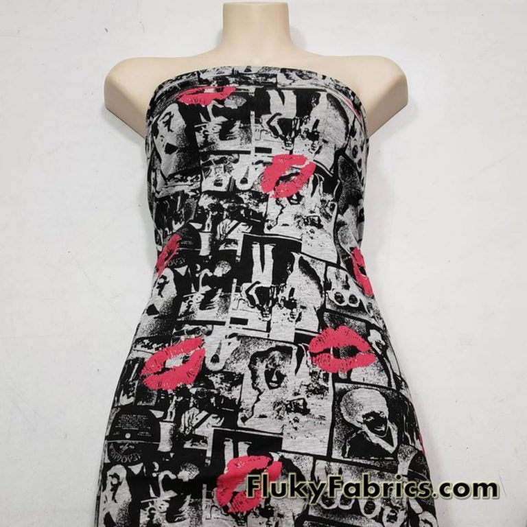 Film Negatives and Lips Gray and Black Fashion Print Cotton Jersey Lycra Fabric