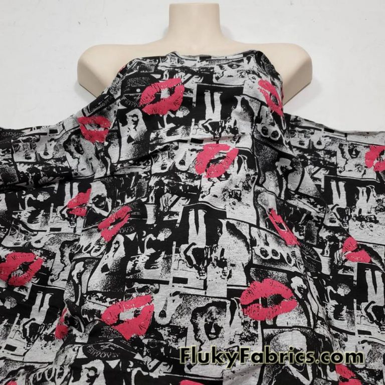 Film Negatives and Lips Gray and Black Fashion Print Cotton Jersey Lycra Fabric
