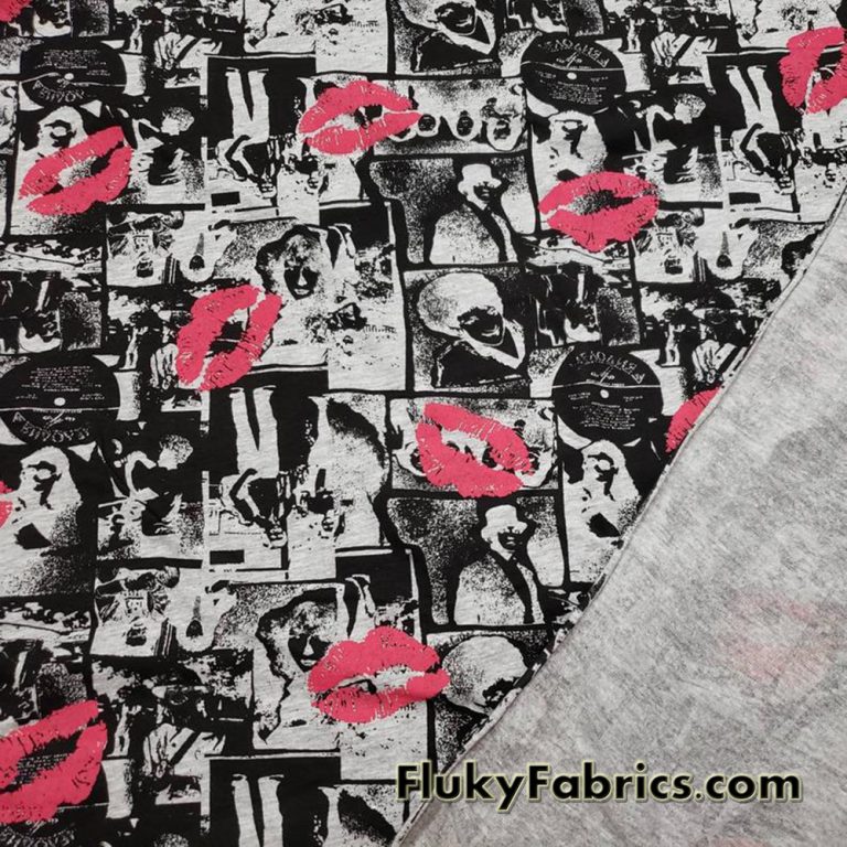 Film Negatives and Lips Gray and Black Fashion Print Cotton Jersey Lycra Fabric