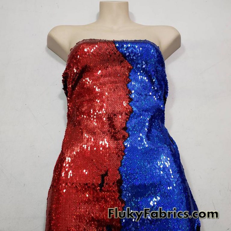 Red/Royal Hologram Flip Up Sequins on Spandex Fabric 54″ Wide