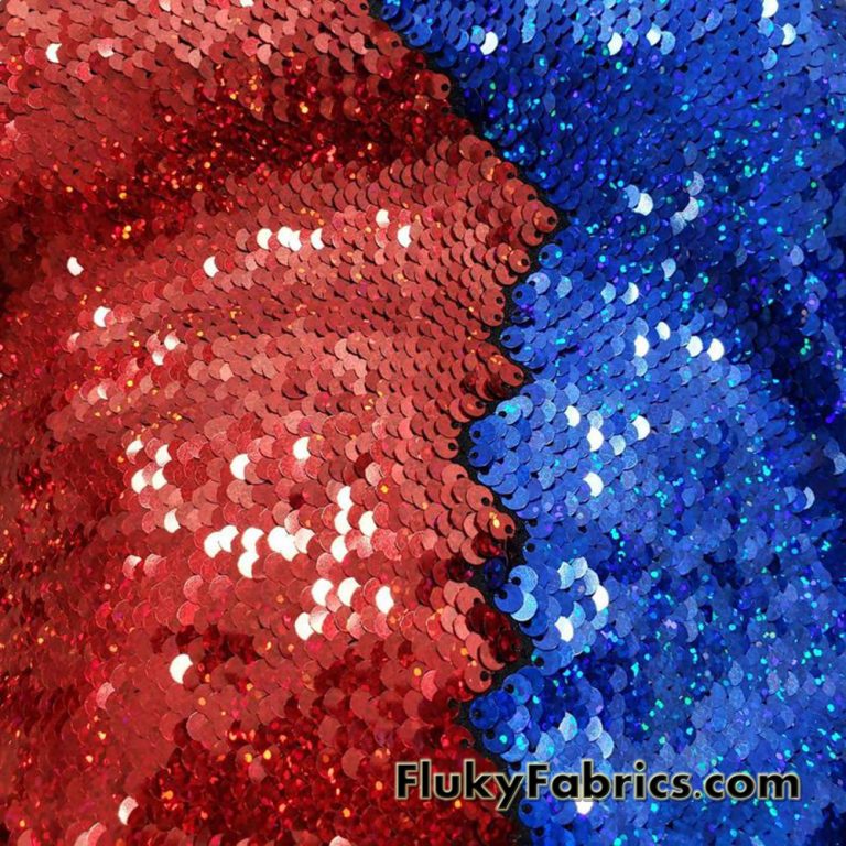 Red/Royal Hologram Flip Up Sequins on Spandex Fabric 54″ Wide