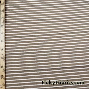 Greenish Brown and White Mini Stripes with Gold Lurex Accents Rayon Spandex Jersey Fabric at FlukyFabrics.com