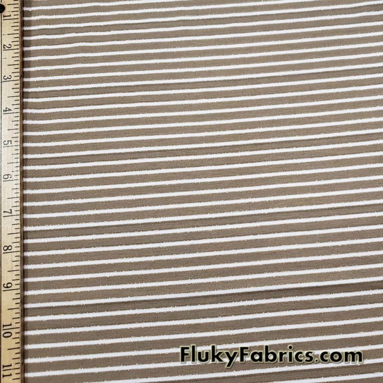 Greenish Brown and White Mini Stripes with Gold Lurex Accents Rayon Spandex Jersey Fabric