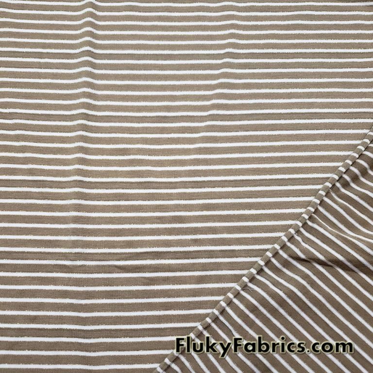 Greenish Brown and White Mini Stripes with Gold Lurex Accents Rayon Spandex Jersey Fabric
