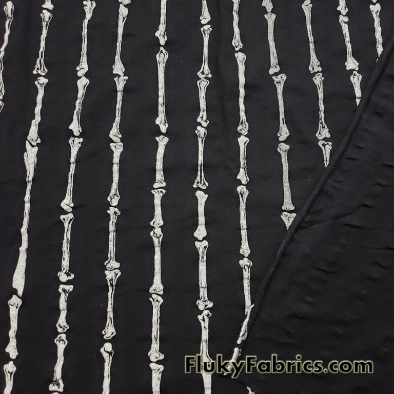 Gray Skeleton Bones Print on Black Cotton Spandex Fabric