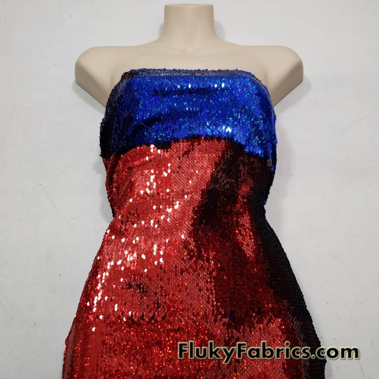 Red/Royal Hologram Flip Up Sequins on Spandex Fabric 54″ Wide