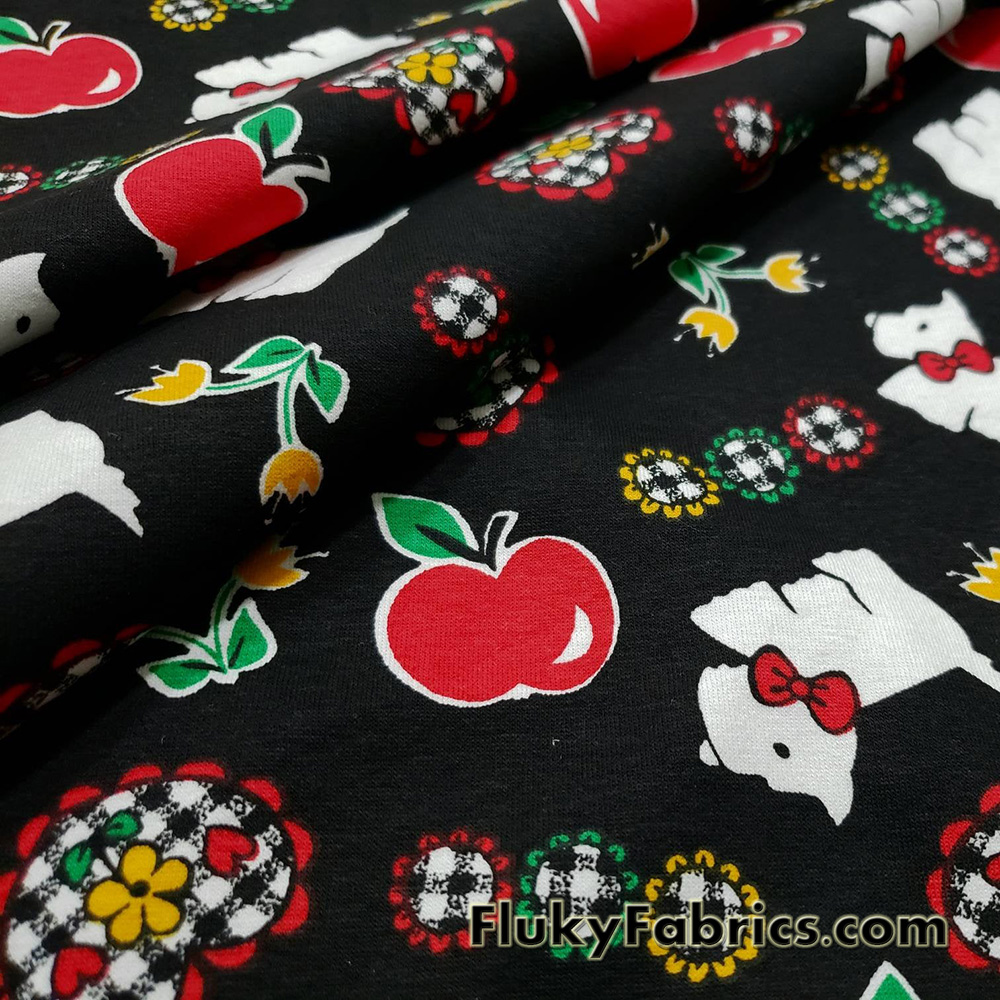 Small Dogs, Apples, Flowers and Hearts on a Black Background Cotton Spandex Fabric
