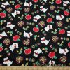 Small Dogs, Apples, Flowers and Hearts on a Black Background Cotton Spandex Fabric at FlukyFabrics.com