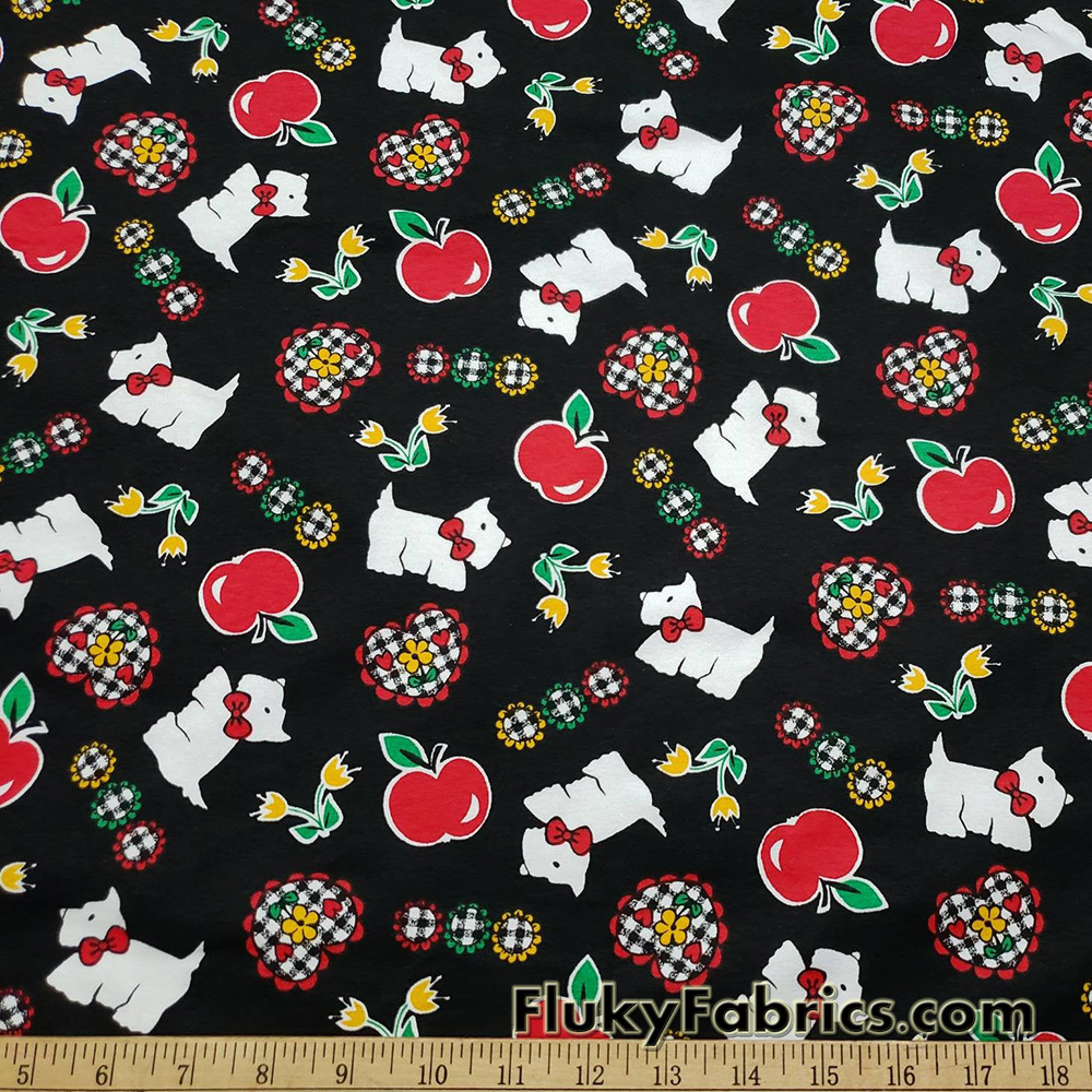 Small Dogs, Apples, Flowers and Hearts on a Black Background Cotton Spandex Fabric