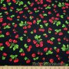 Red Cherries on Black Cotton Woven Fabric at FlukyFabrics.com