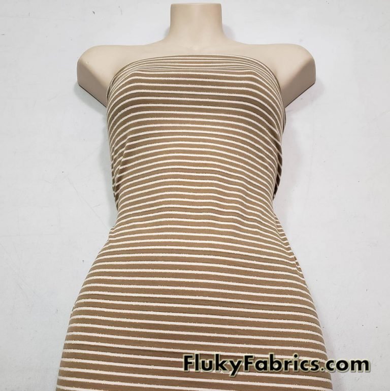 Greenish Brown and White Mini Stripes with Gold Lurex Accents Rayon Spandex Jersey Fabric