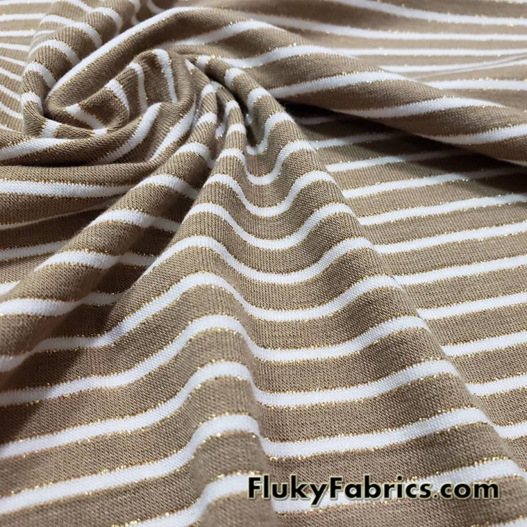 Greenish Brown and White Mini Stripes with Gold Lurex Accents Rayon Spandex Jersey Fabric