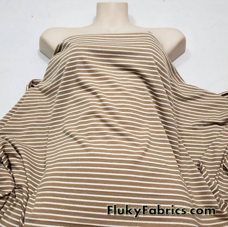 Greenish Brown and White Mini Stripes with Gold Lurex Accents Rayon Spandex Jersey Fabric