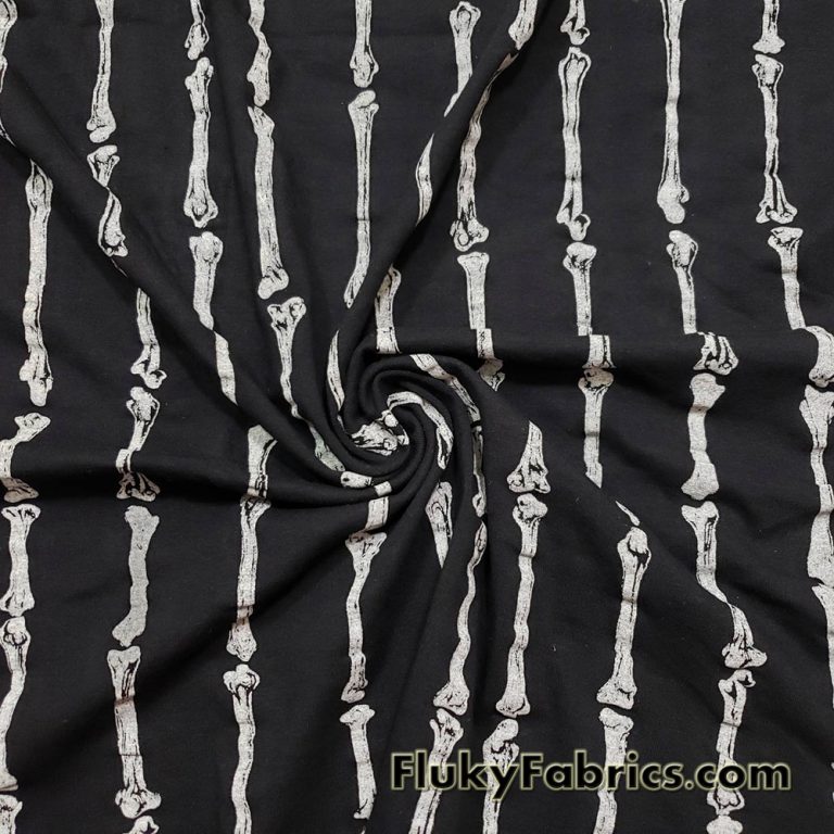 Gray Skeleton Bones Print on Black Cotton Spandex Fabric