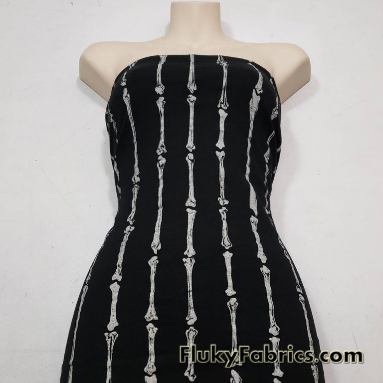 Gray Skeleton Bones Print on Black Cotton Spandex Fabric