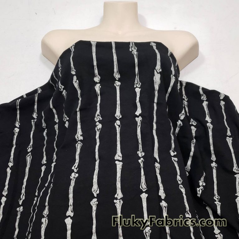 Gray Skeleton Bones Print on Black Cotton Spandex Fabric
