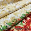 Red Poinsettias and Green Leaves with Gold Lurex Snowflakes on White Polyester Woven Fabric