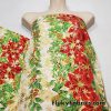 Red Poinsettias and Green Leaves with Gold Lurex Snowflakes on White Polyester Woven Fabric