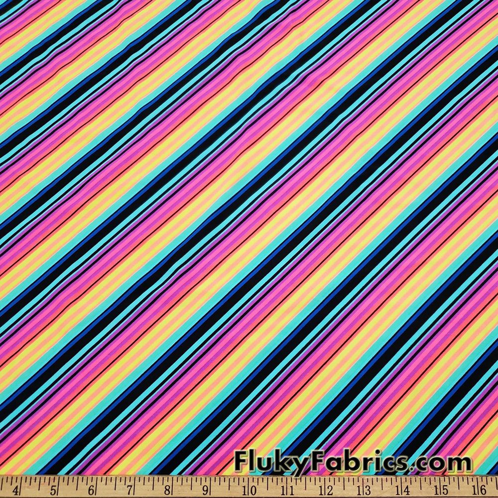 Colorful Diagonal Mini Stripes Swimwear Spandex 4 Way Stretch Bathing Suit Fabric at FlukyFabrics.com