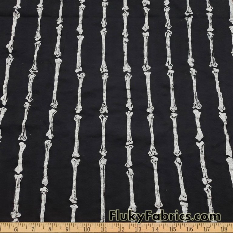 Gray Skeleton Bones Print on Black Cotton Spandex Fabric