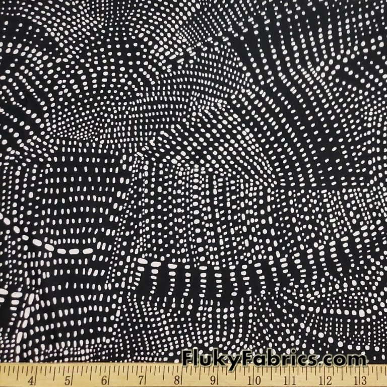 Abstract White Swarming Pebbles on Black Nylon Spandex Swimsuit Fabric